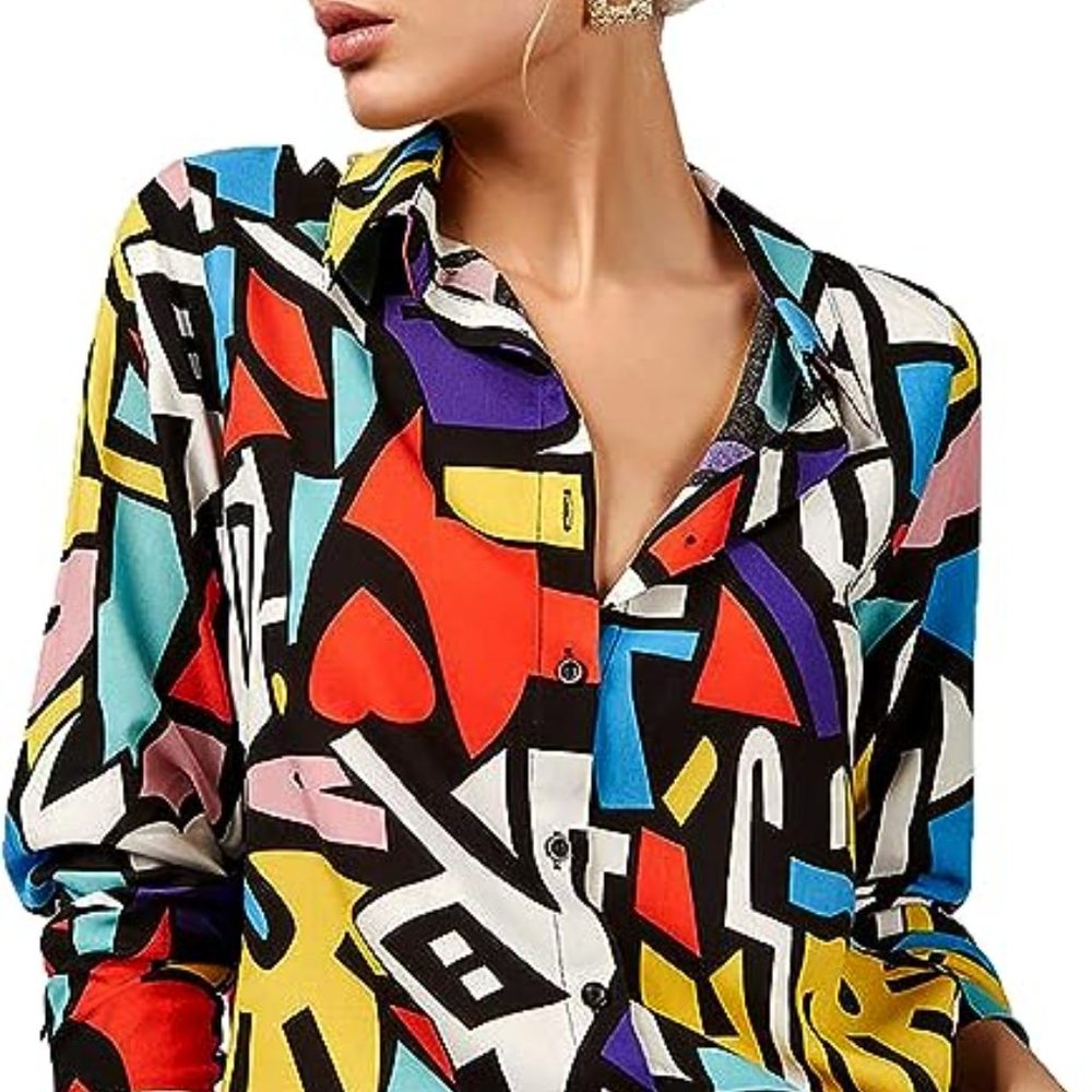 Women's Big Dart Long Sleeve‎ Multi color Blouse Size Large